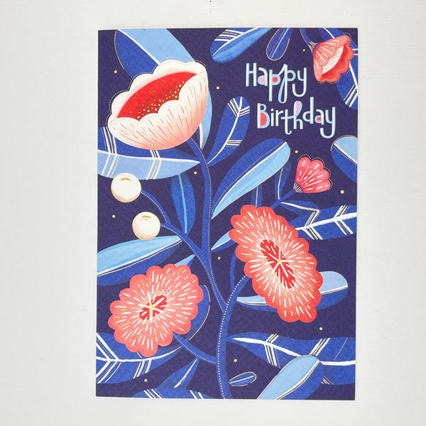 Blue Birthday Card with Flowers