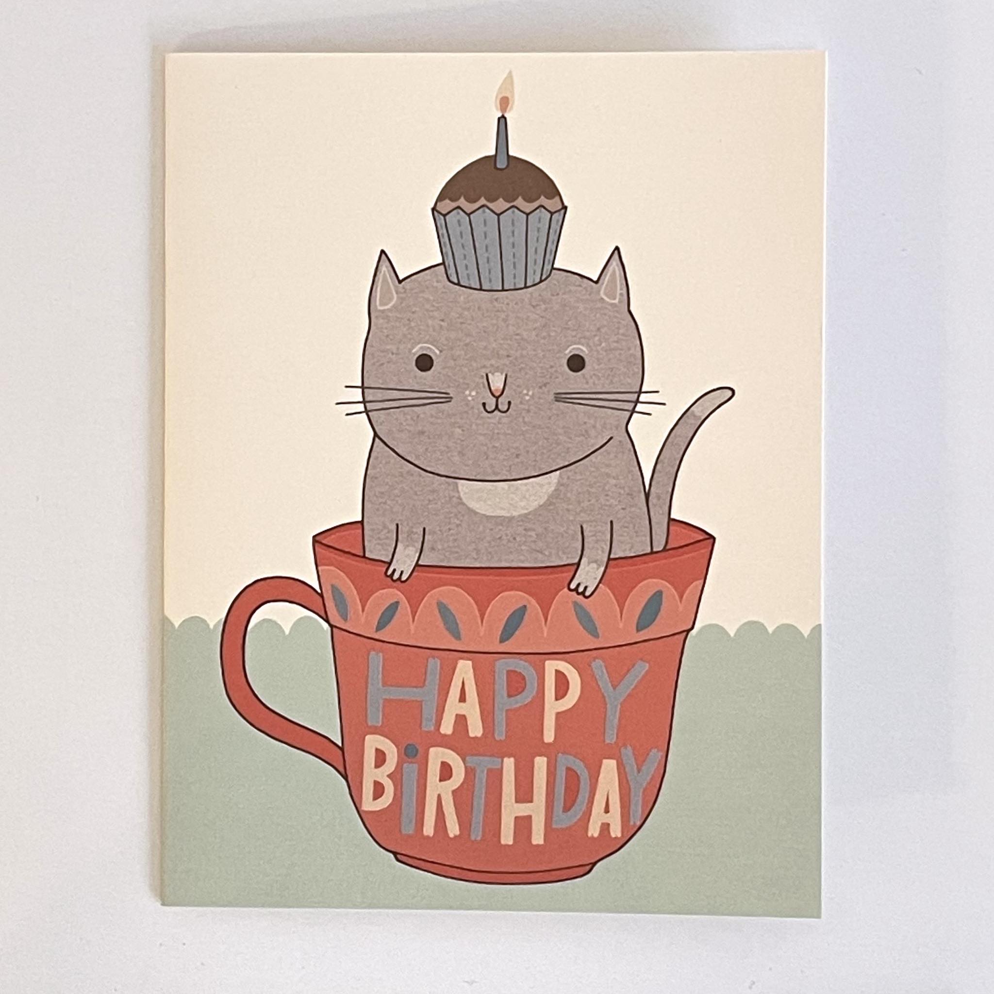 Teacup Cat Birthday Card